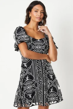 Cutwork Belted Puff Sleeve Mini Dress