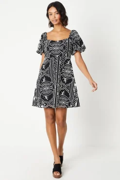 Cutwork Belted Puff Sleeve Mini Dress