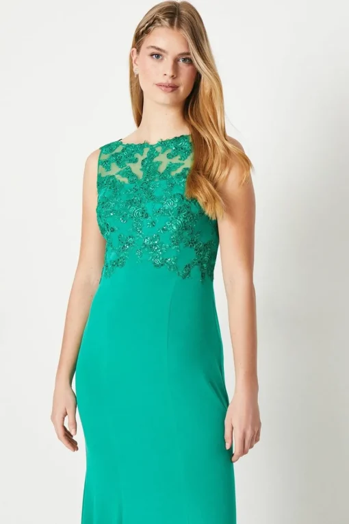 Debut London by Coast Slash Neck Open Back Applique Prom Dress