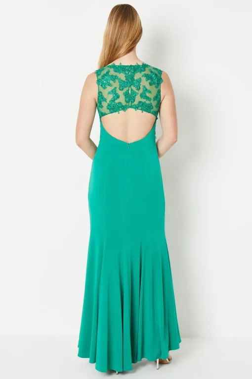 Debut London by Coast Slash Neck Open Back Applique Prom Dress