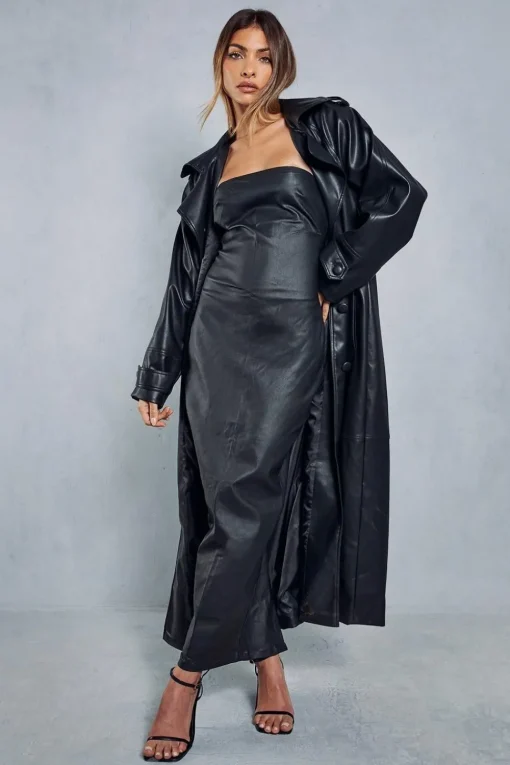 Denim Coated Bandeau Split Back Maxi Dress