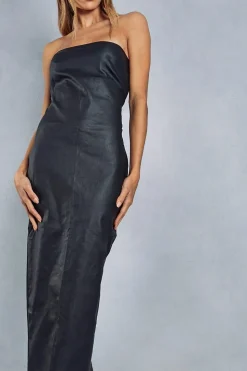 Denim Coated Bandeau Split Back Maxi Dress
