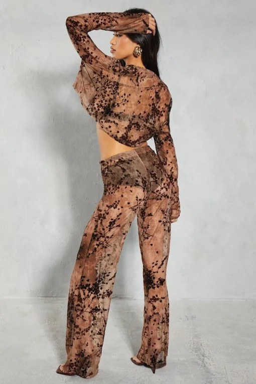 Devore Mesh Floral High Waisted Wide Leg Trouser