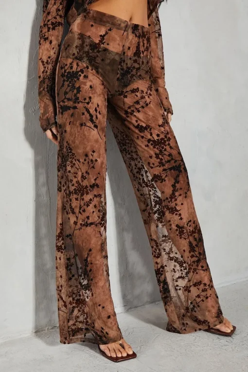 Devore Mesh Floral High Waisted Wide Leg Trouser
