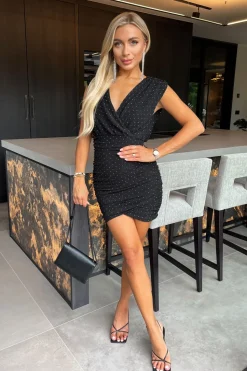 Diamante Sparkle Sleeveless Wrap Top Ruched Mini Dress