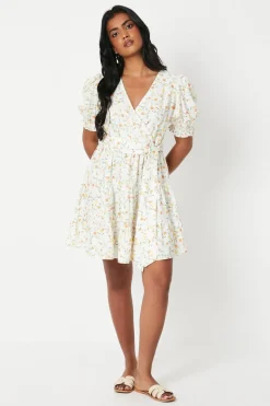 Ditsy Floral Crepe Wrap Front Belted Mini Dress