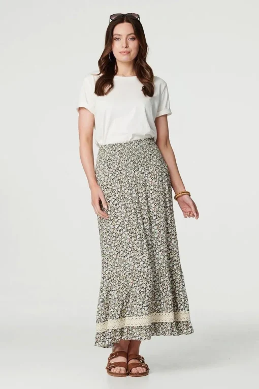 Ditsy Floral Lace Trim Maxi Skirt