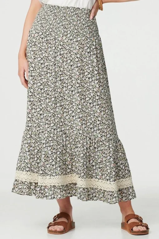 Ditsy Floral Lace Trim Maxi Skirt