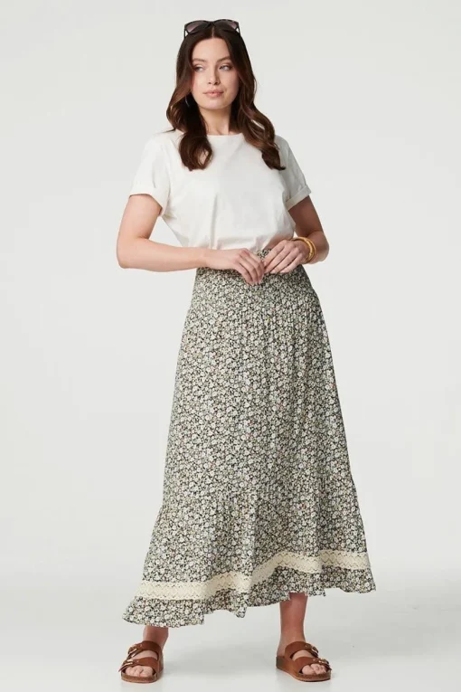 Ditsy Floral Lace Trim Maxi Skirt