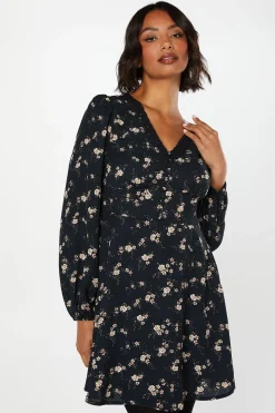 Ditsy Floral Long Sleeve Lace Trim Button Front Mini Dress