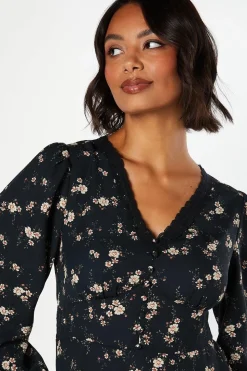 Ditsy Floral Long Sleeve Lace Trim Button Front Mini Dress