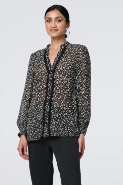 Ditsy Floral Semi Sheer Long Sleeve Blouse