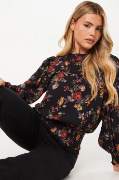 Ditsy Floral Shirred Hem Long Sleeve Blouse