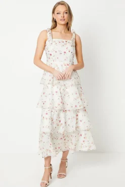 Ditsy Floral Tie Shoulder Organza Tiered Midi Dress