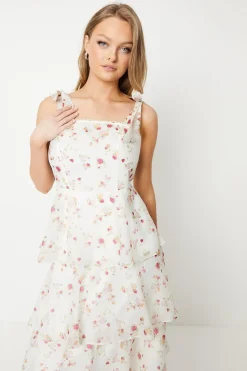 Ditsy Floral Tie Shoulder Organza Tiered Midi Dress