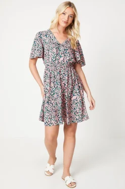 Ditsy Floral V Neck Tie Front Mini Dress