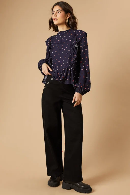 Ditsy Printed Ruffle Lace Trim Top