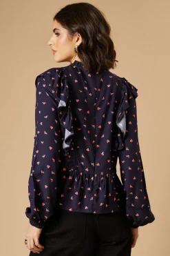 Ditsy Printed Ruffle Lace Trim Top