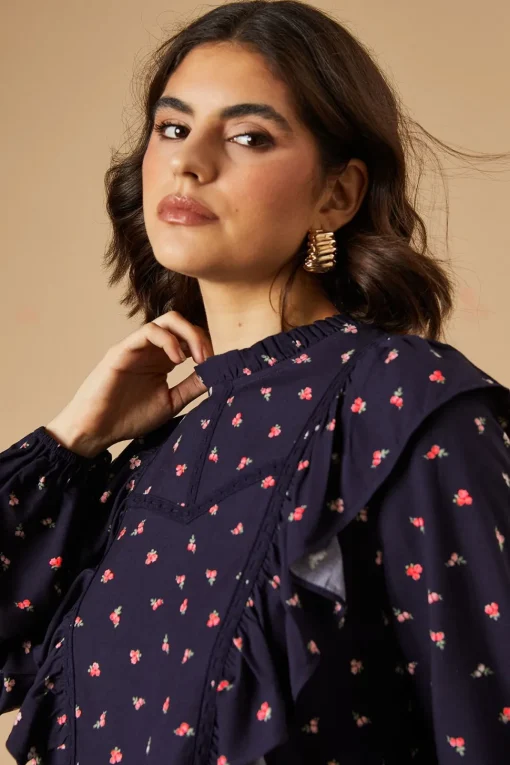 Ditsy Printed Ruffle Lace Trim Top