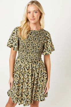 Ditsy Shirred Bodice Flutter Sleeve Mini Dress