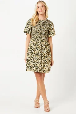 Ditsy Shirred Bodice Flutter Sleeve Mini Dress