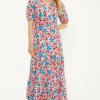 Ditsy V Neck Shirred Midi Dress