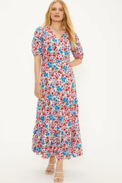 Ditsy V Neck Shirred Midi Dress