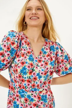 Ditsy V Neck Shirred Midi Dress