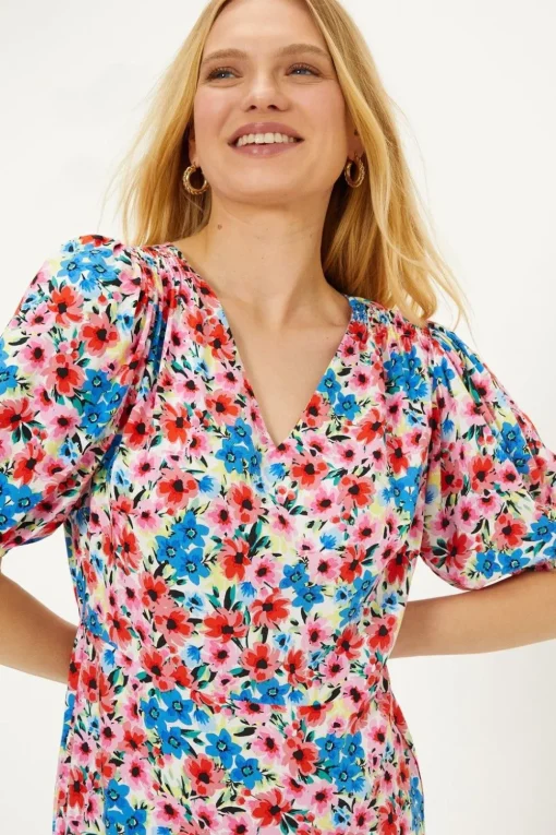 Ditsy V Neck Shirred Midi Dress