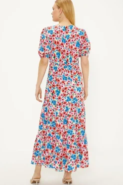 Ditsy V Neck Shirred Midi Dress