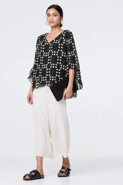 Dot Print Semi Sheer Flare Sleeve Blouse