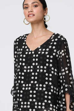 Dot Print Semi Sheer Flare Sleeve Blouse