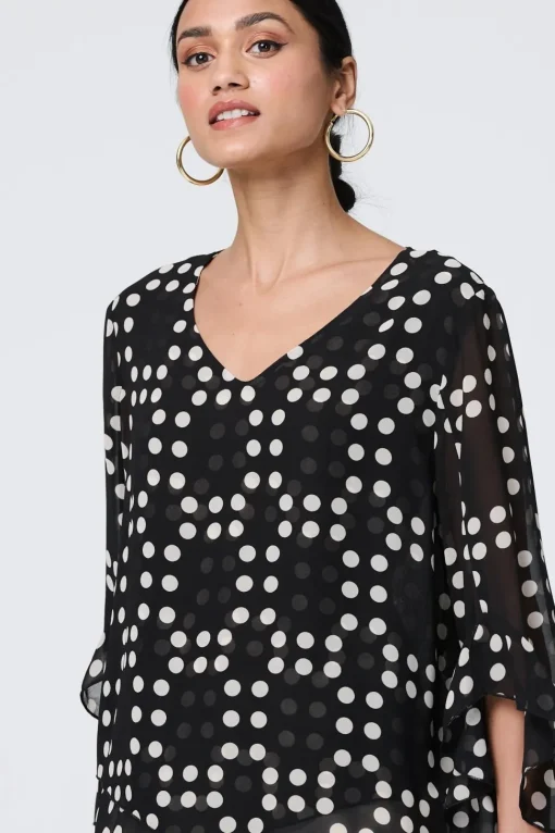 Dot Print Semi Sheer Flare Sleeve Blouse