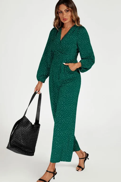 Dot Print Wrap Jumpsuit In Green