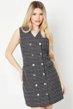 Double Breasted Boucle Check Shift Dress