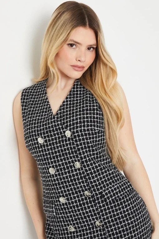 Double Breasted Boucle Check Shift Dress