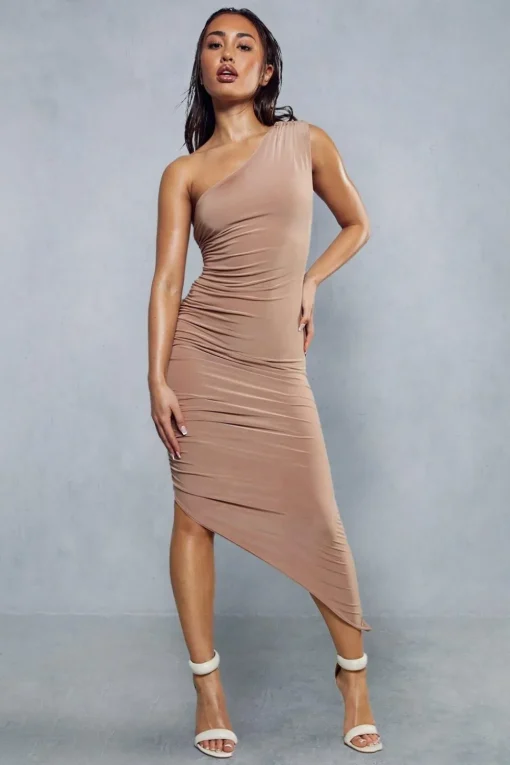 Double Layer Slinky Asymmetric Ruched Midi Dress