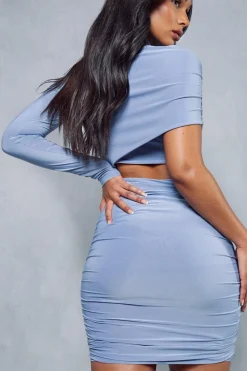 Double Layer Slinky Asymmetric Long Sleeve Bodycon Mini Dress