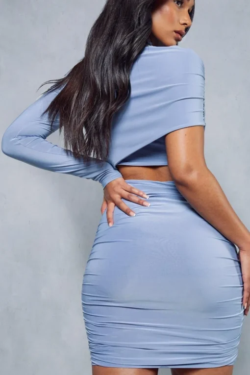 Double Layer Slinky Asymmetric Long Sleeve Bodycon Mini Dress