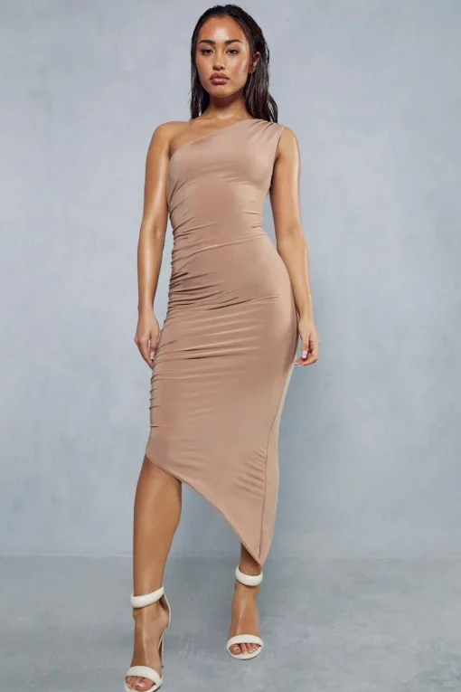 Double Layer Slinky Asymmetric Ruched Midi Dress