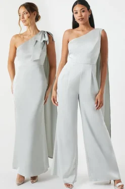 Drape Shoulder Satin Bridesmaids Jumpsuit