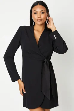 Drape Wrap Blazer Dress With Gem Buttons