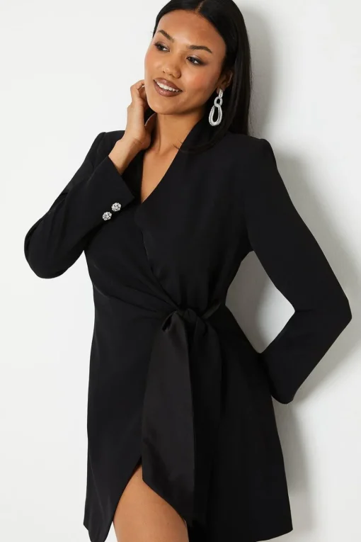 Drape Wrap Blazer Dress With Gem Buttons