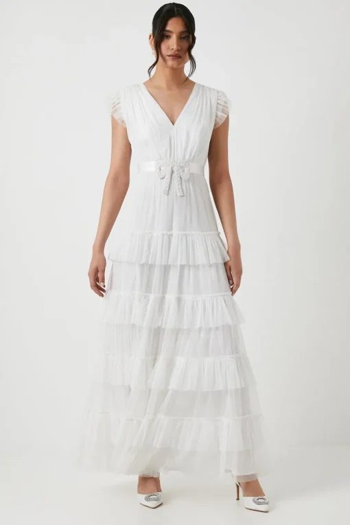 Embellished Bow Detail Mesh Tiered Wedding Dress