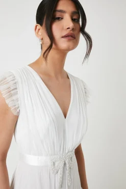 Embellished Bow Detail Mesh Tiered Wedding Dress