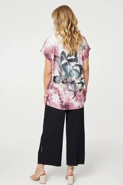 Embellished Butterfly Print Tunic Top