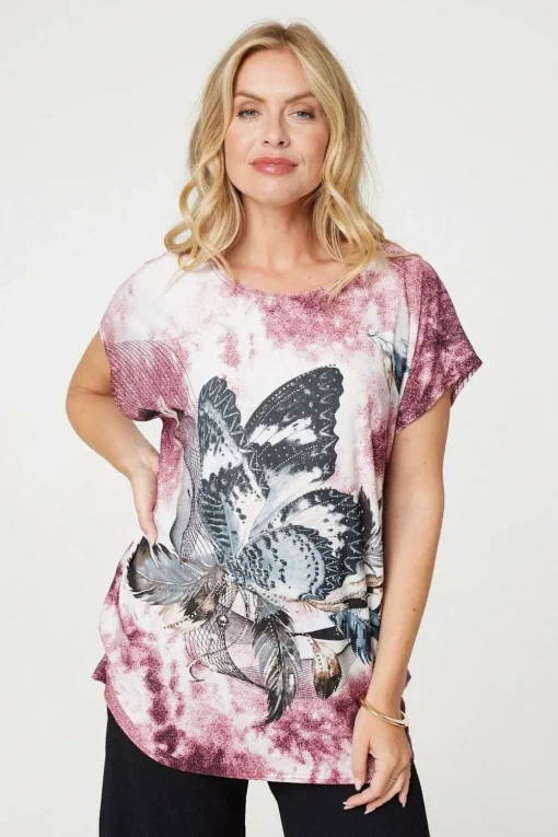 Embellished Butterfly Print Tunic Top