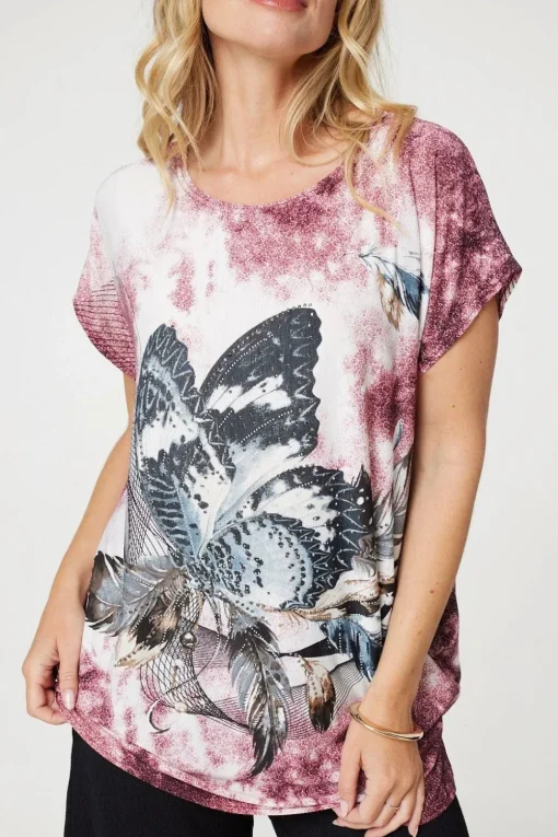 Embellished Butterfly Print Tunic Top
