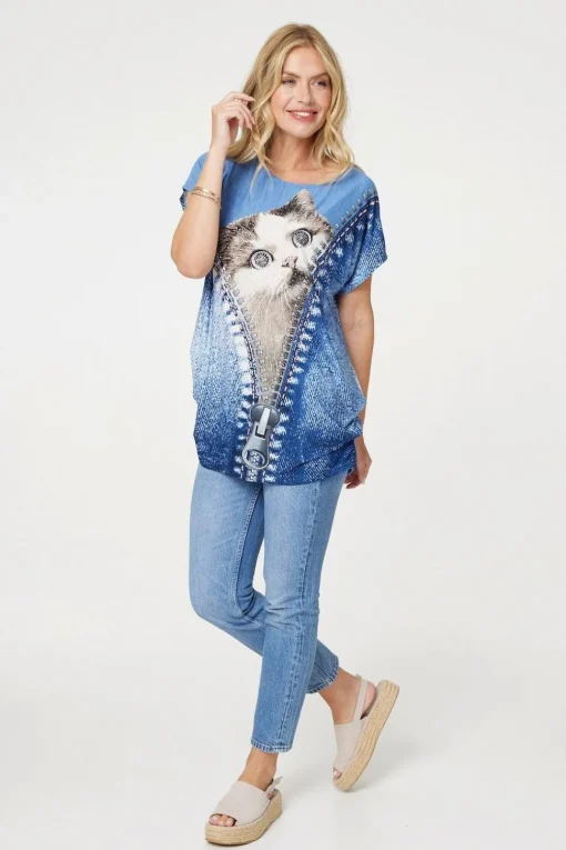 Embellished Graphic Print Tunic Top