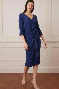 Embellished Viscose Satin Ruffle Midi Dress